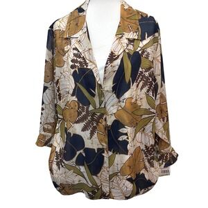 Alfred Dunner Woman 18W Tropical Leaf Blouse Navy Olive 3/4 Sleeve Button Front